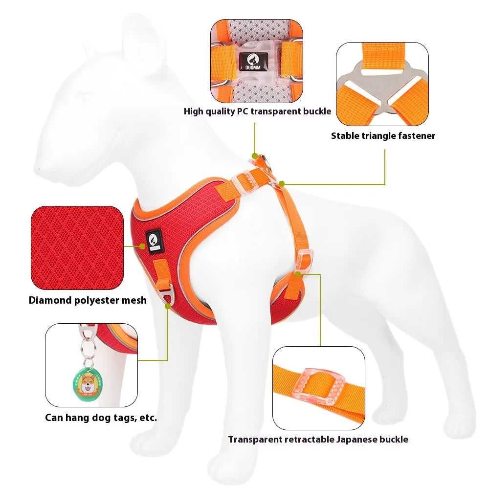Adjustable mesh dog harness with leash in black colour showing reflective stitching details