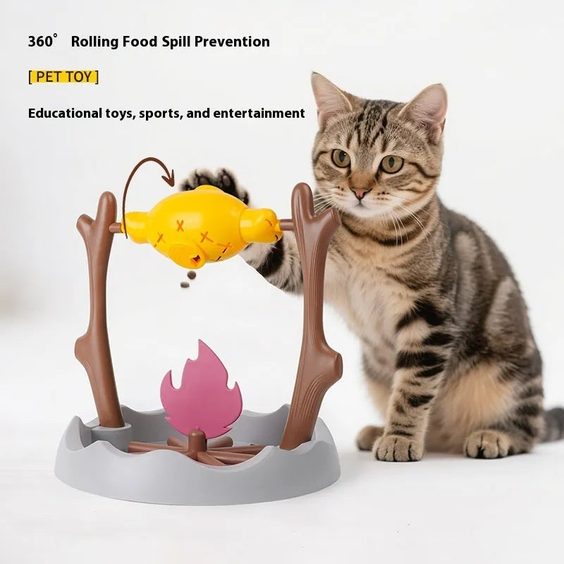 Barbecue-style tumbling cat feeder toy with food compartment, measuring 30x30x29cm.