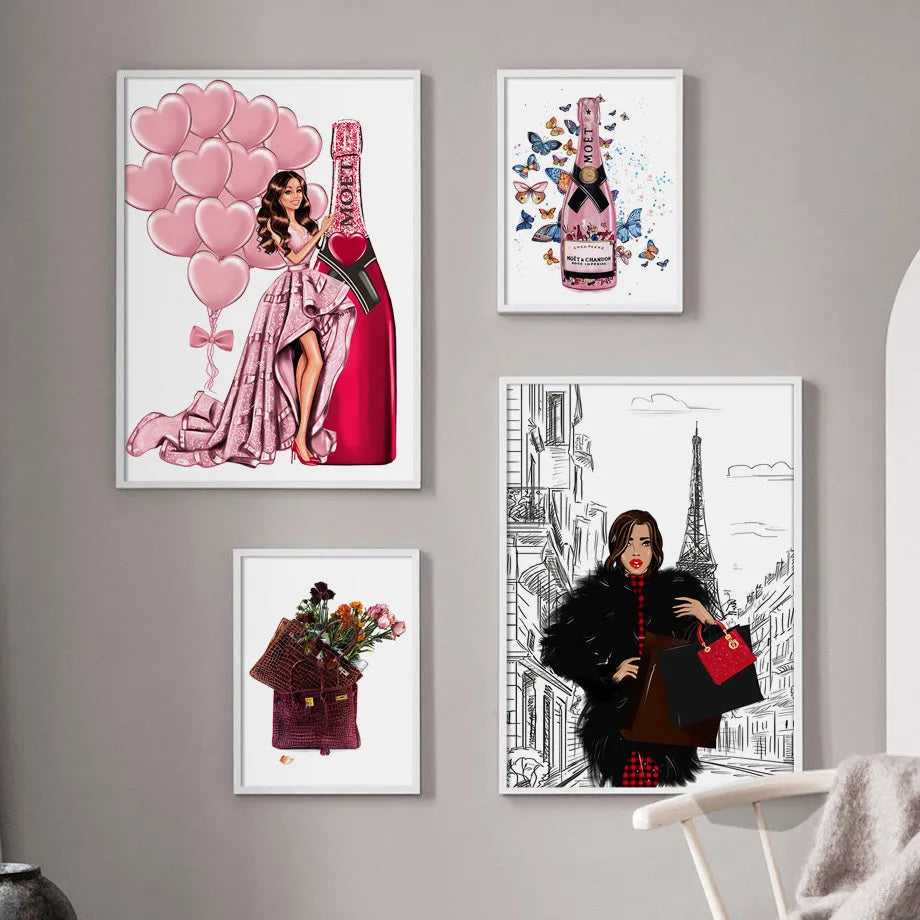 Modern cartoon canvas wall art print featuring a fashion bag girl with balloons and champagne.