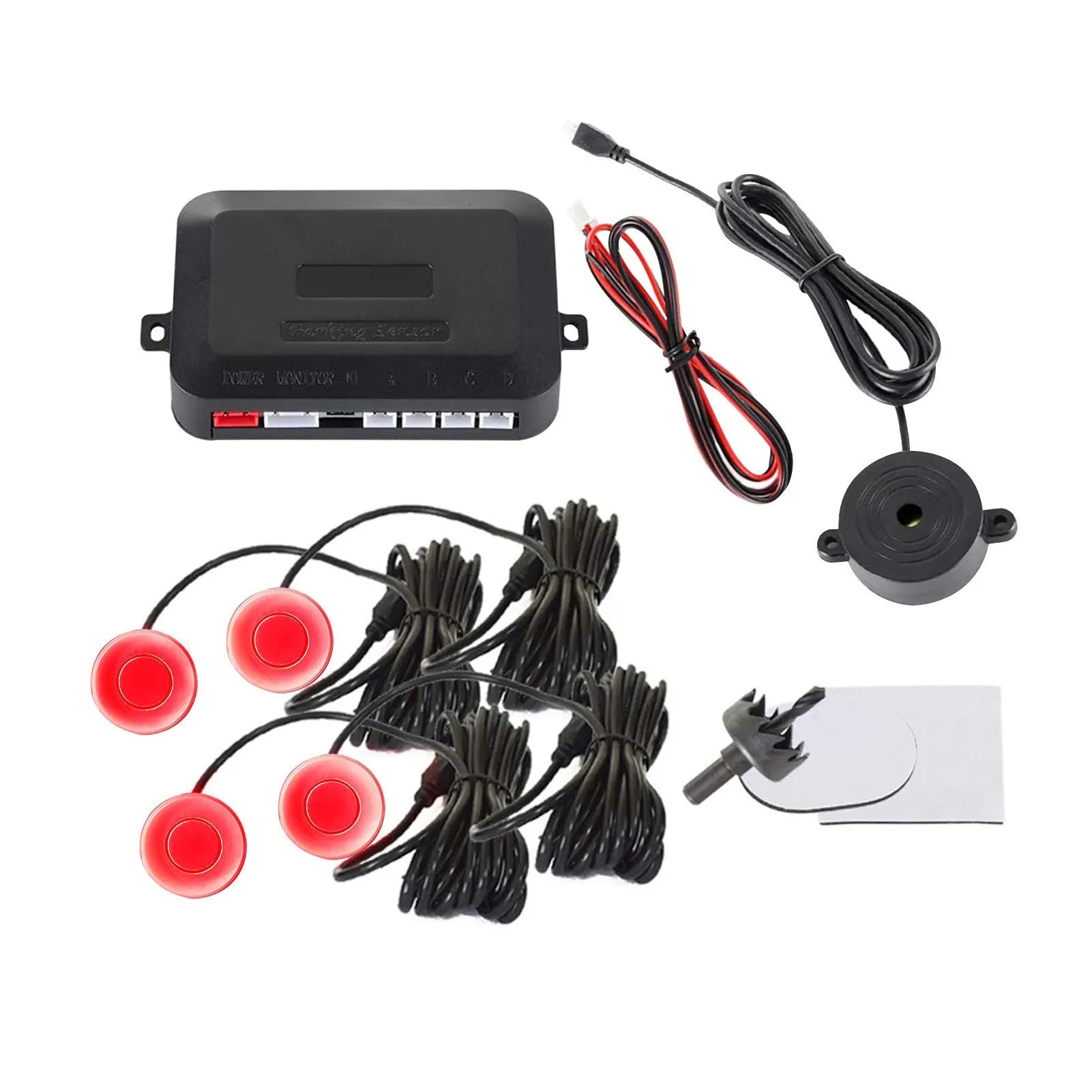 Four ultrasonic parking sensors and buzzer unit for car reversing radar kit with hole saw.