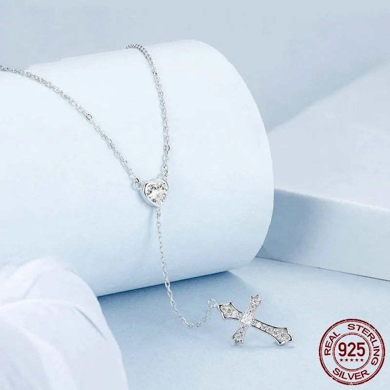 Women's simple V-neck necklace with silver love cross pendant on adjustable chain