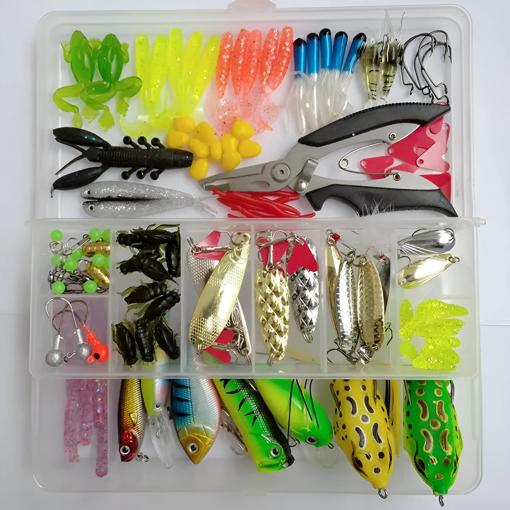142-piece fishing lure suit showing hard plastic mino baits, metal spoons, sequins, hooks, and stainless steel fishing pliers