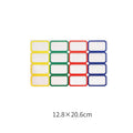 Handwritten labels and adhesive stickers showing grid configurations and colour options including white German adhesive stickers