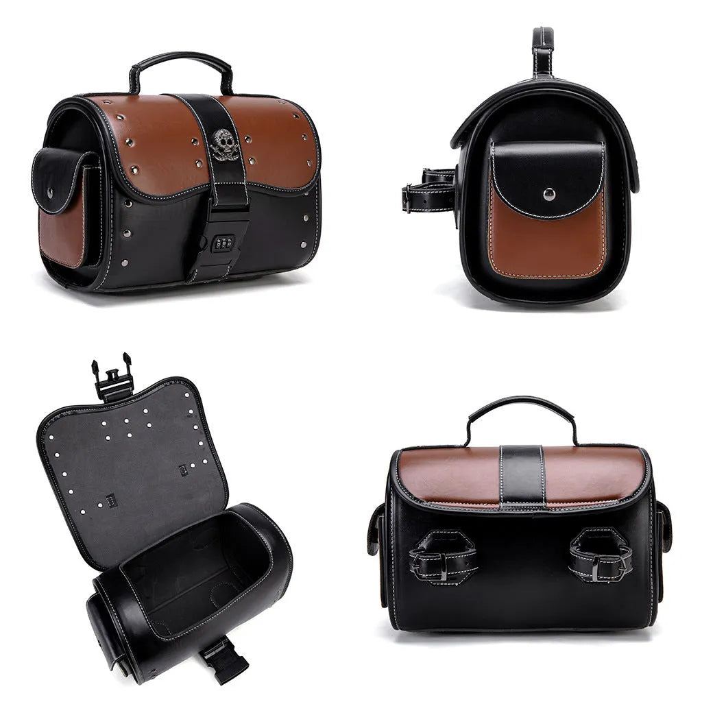 PU leather motorcycle front bag with patchwork design, model FBG397BK