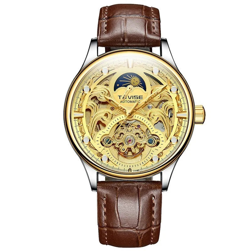 Gold leather strap men's automatic mechanical watch on wrist showing business style.