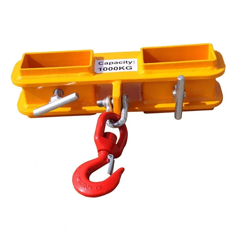 25 tonne rotatable forklift crane hook with safety lock mounted on forklift forks.