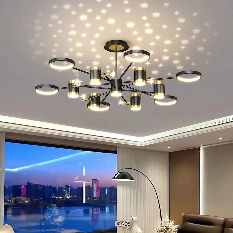 Black 13-head Nordic star iron chandelier with remote control on a table