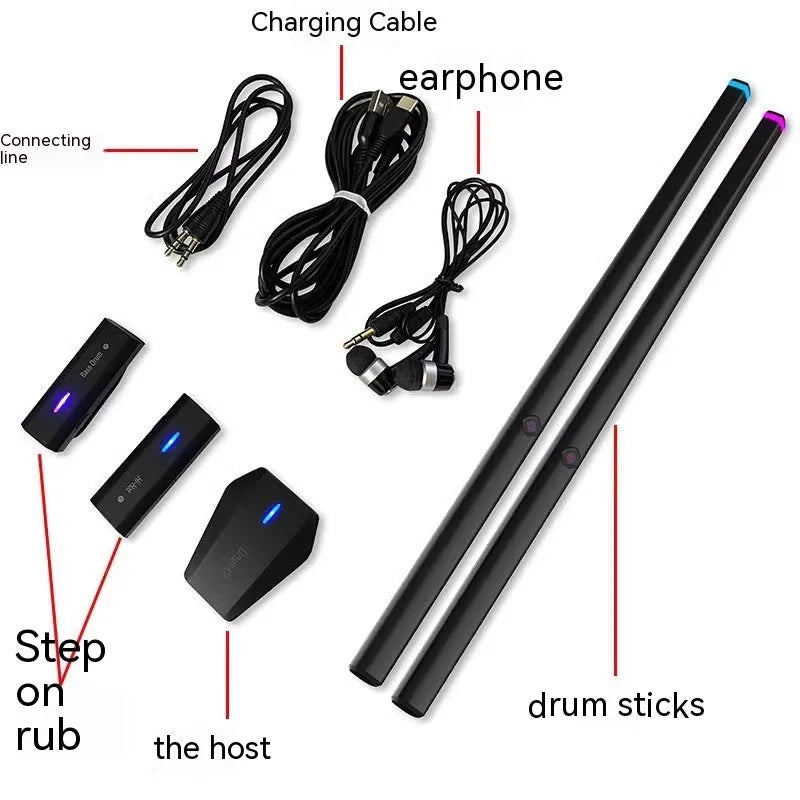 Black somatosensory air drum kit with wireless connectivity and LED lighting displayed with drumsticks