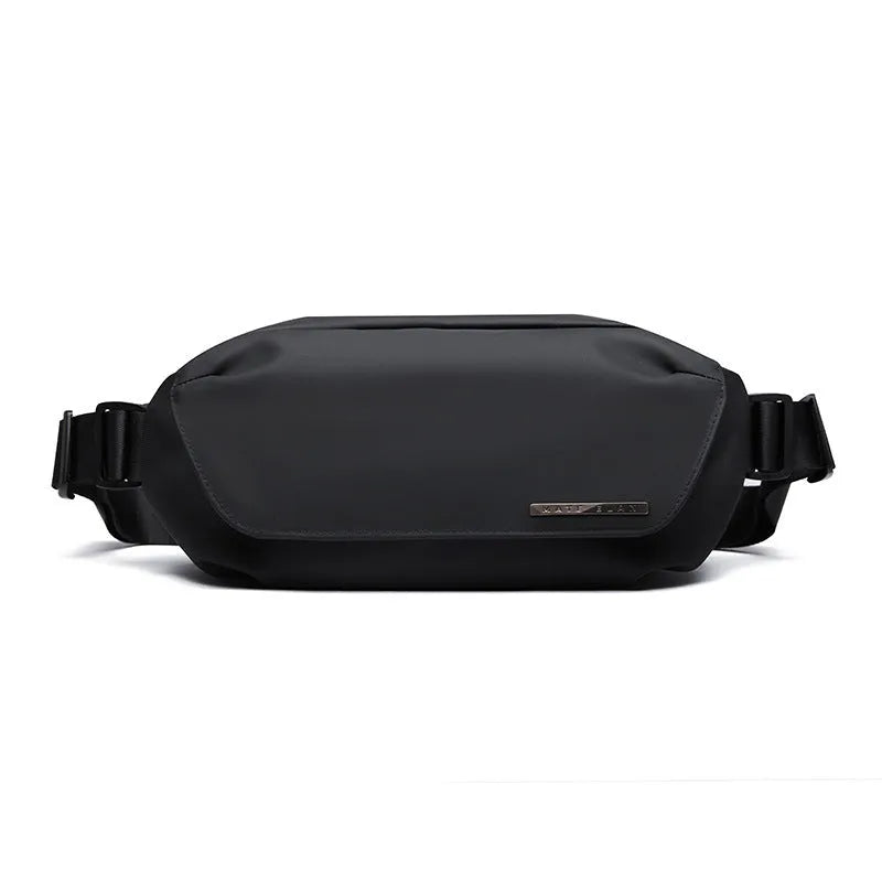 Men's black Oxford cloth messenger bag with a cross-body shoulder strap.