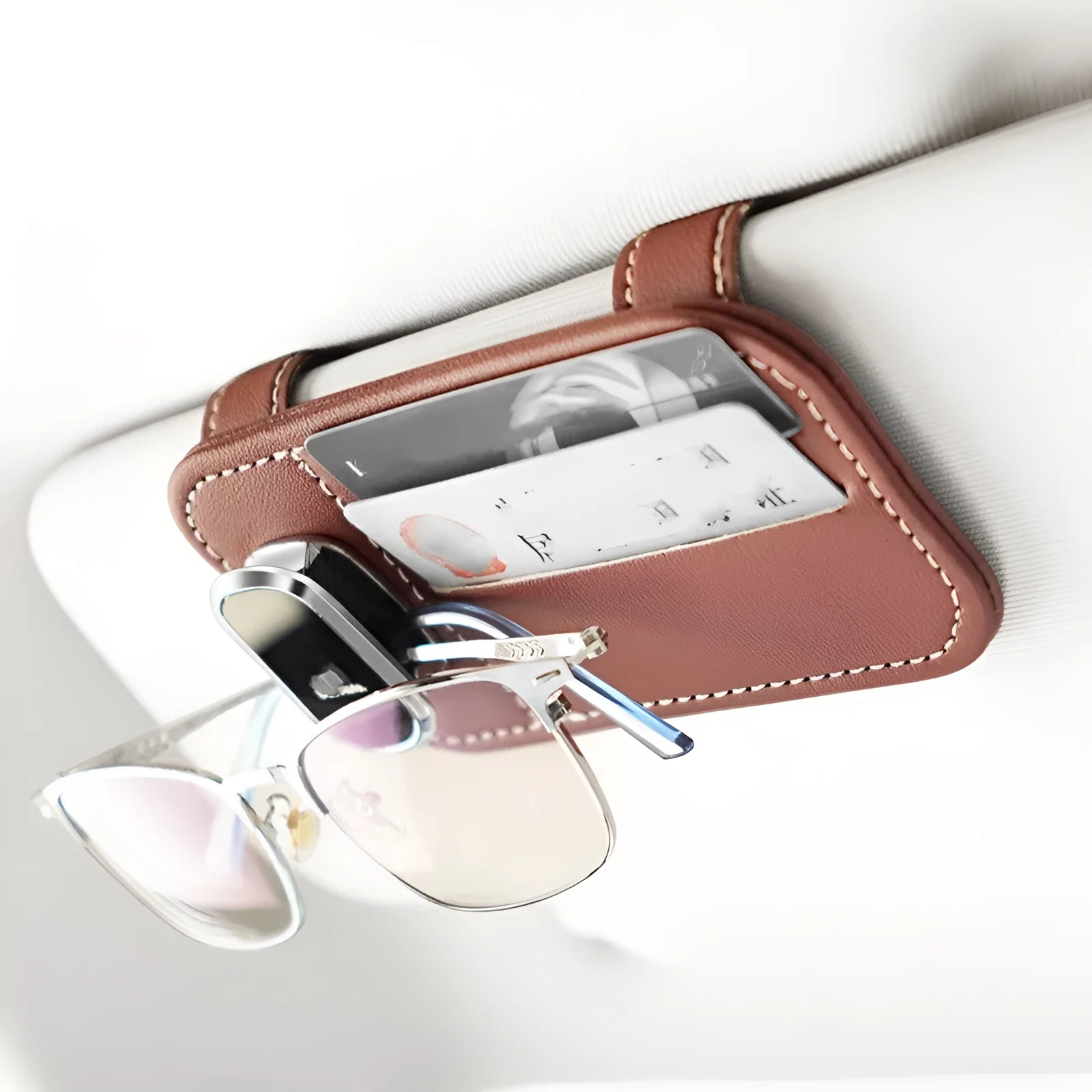Cowhide leather automotive sun louver card holder with sunglasses clip in multiple colour options