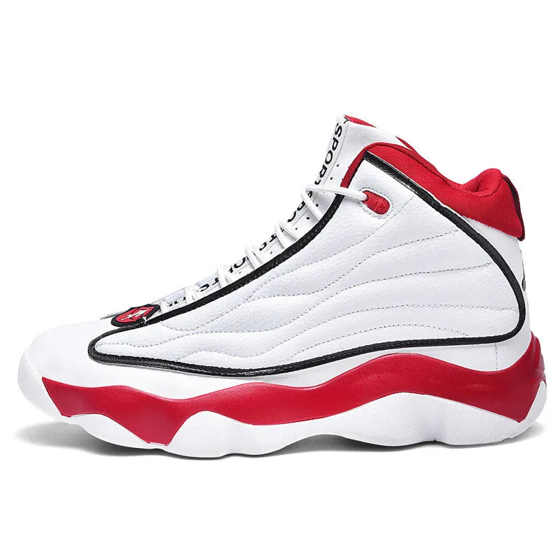 Men's high-top basketball shoe in AJ13 colour with mesh upper and thick rubber sole.