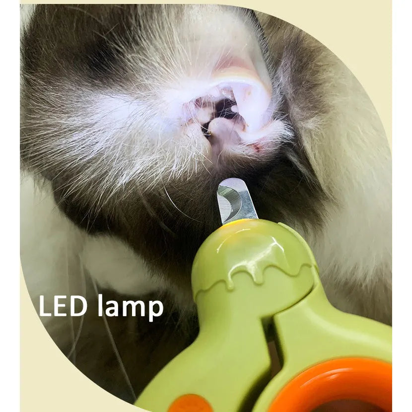 LED pet nail clippers with illuminated cutting area for cats and dogs, showing blue handle option