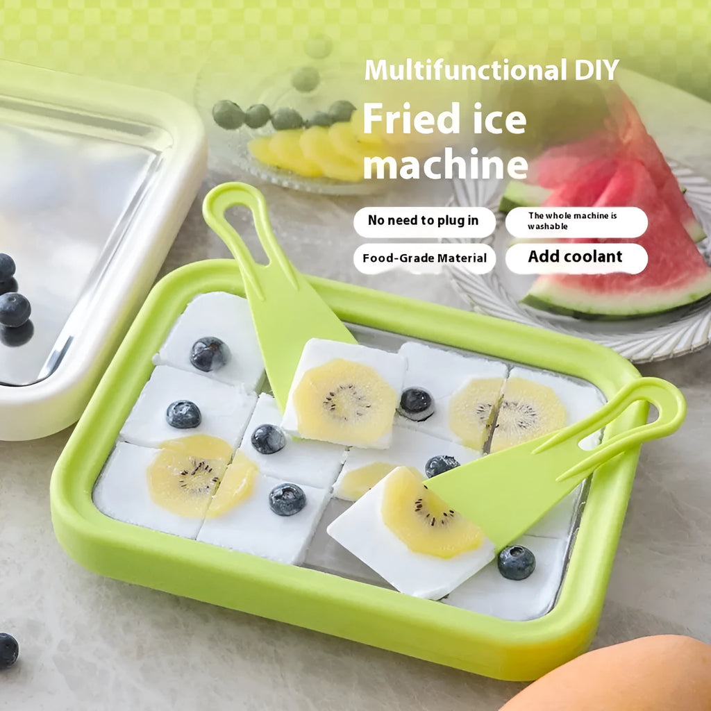 Green manual fried yogurt machine for homemade ice cream making measuring 22.5 x 17.5 cm
