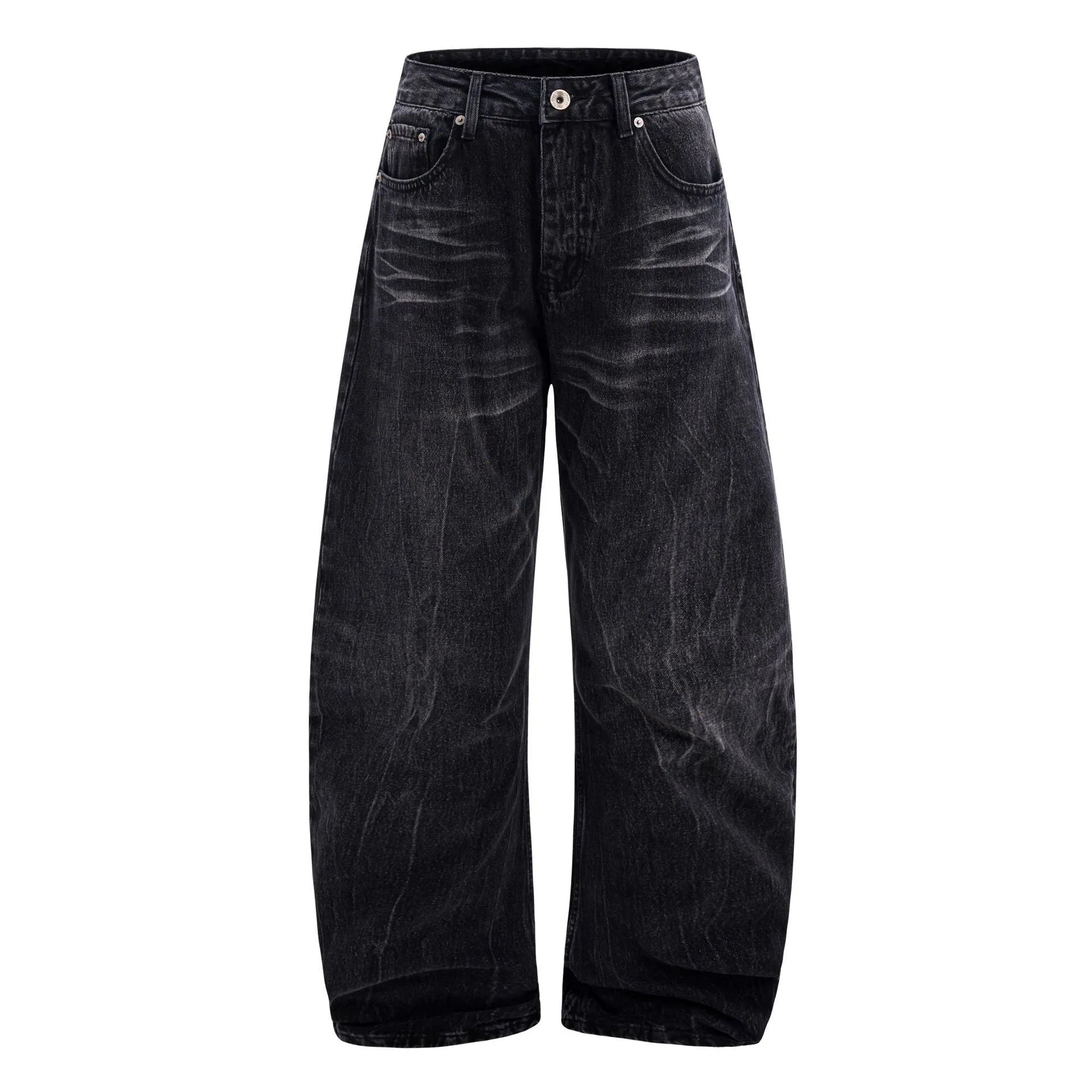 Men's black straight-leg jeans with a lightning crack wash pattern on cotton denim.