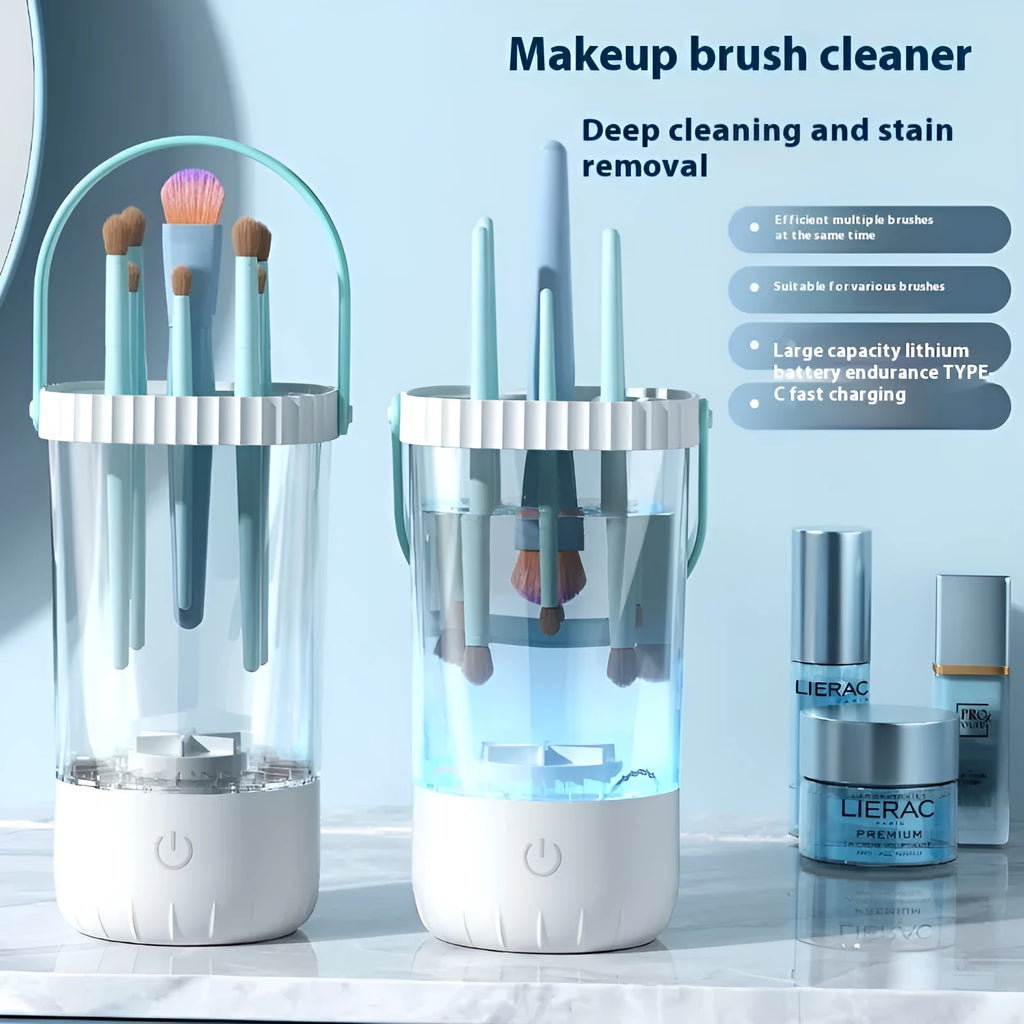 White rechargeable electric makeup brush cleaner with rotating head and USB cable