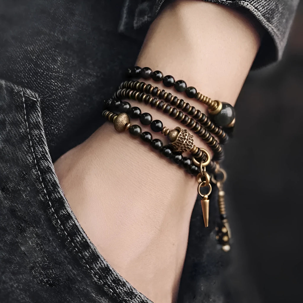 Black geometric beaded bracelet with multi-layered retro design