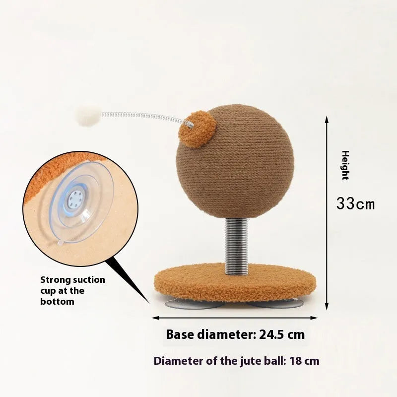 Hemp rope cat scratching board with self-grooming tumbler and cat grasping ball.