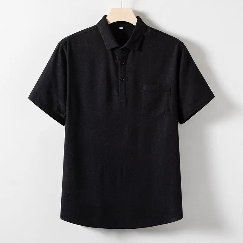 A man wearing a loose-fit, solid colour linen blend t-shirt with short sleeves.