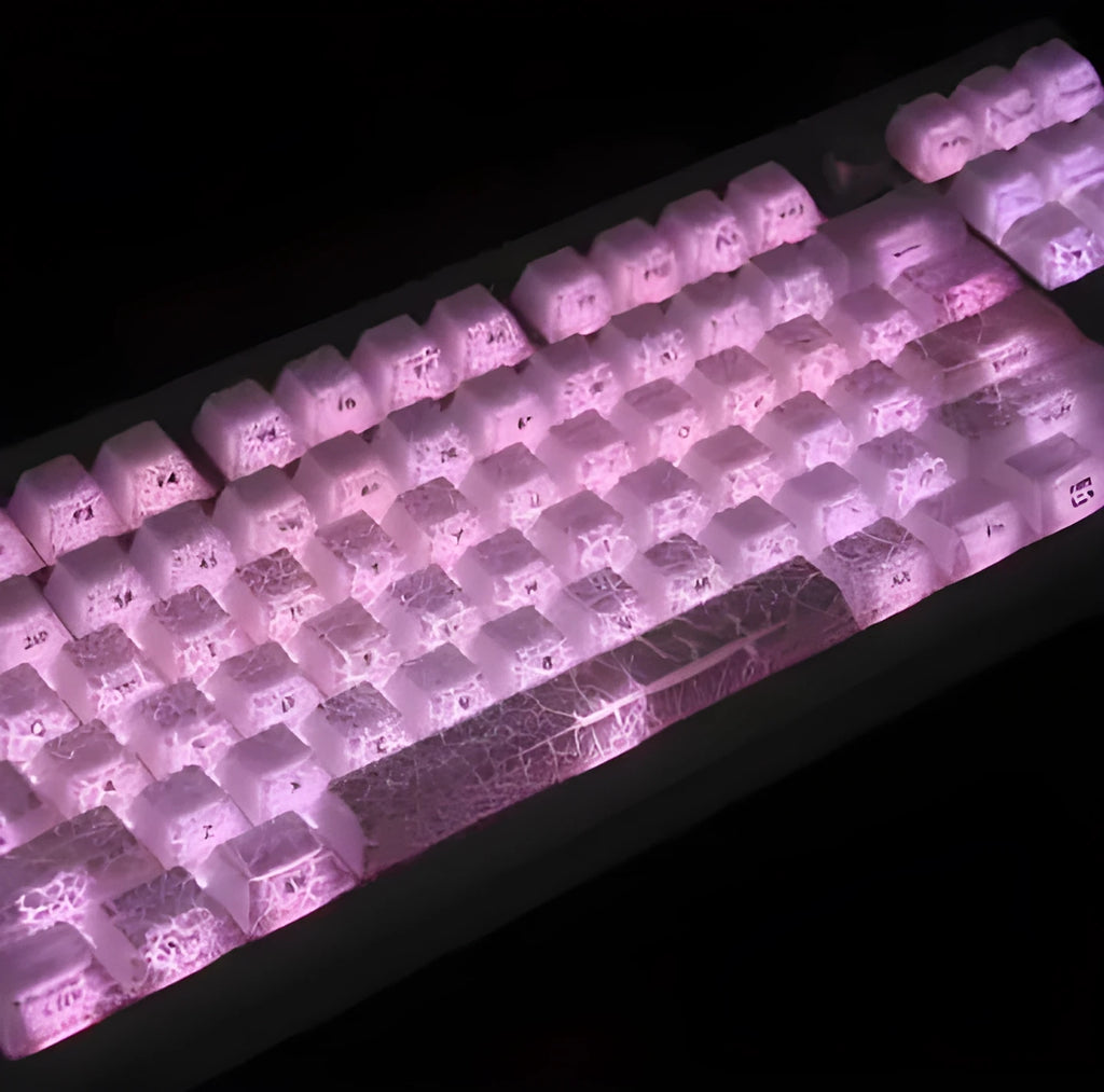 White transparent mechanical keyboard keycap set with double stitching and fission side carving design