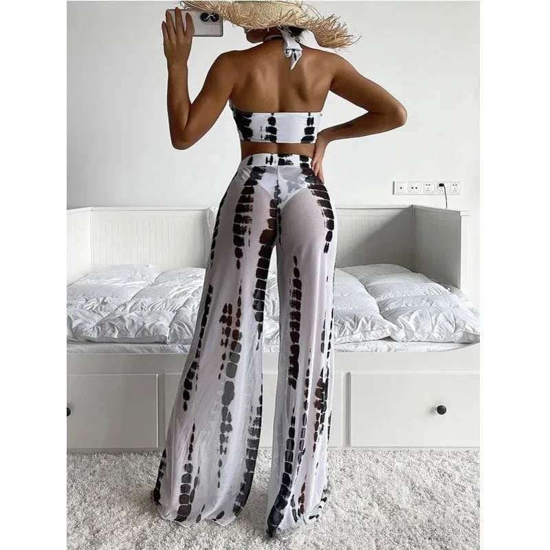 Women's three-piece swimsuit bikini set with trousers in black printing design