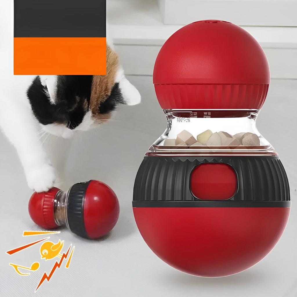Rotating plastic cat sound and food dropping ball toy with super ball colour design