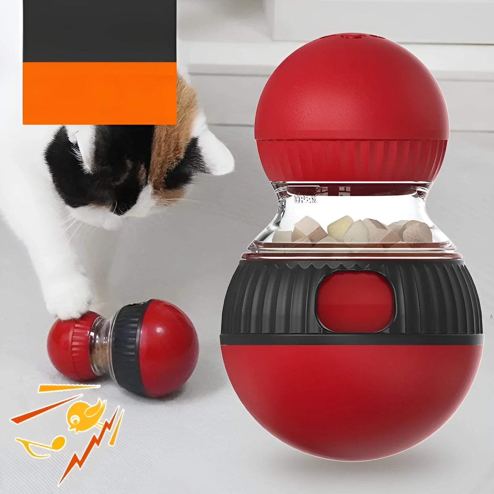 Rotating plastic cat sound and food dropping ball toy with super ball colour design