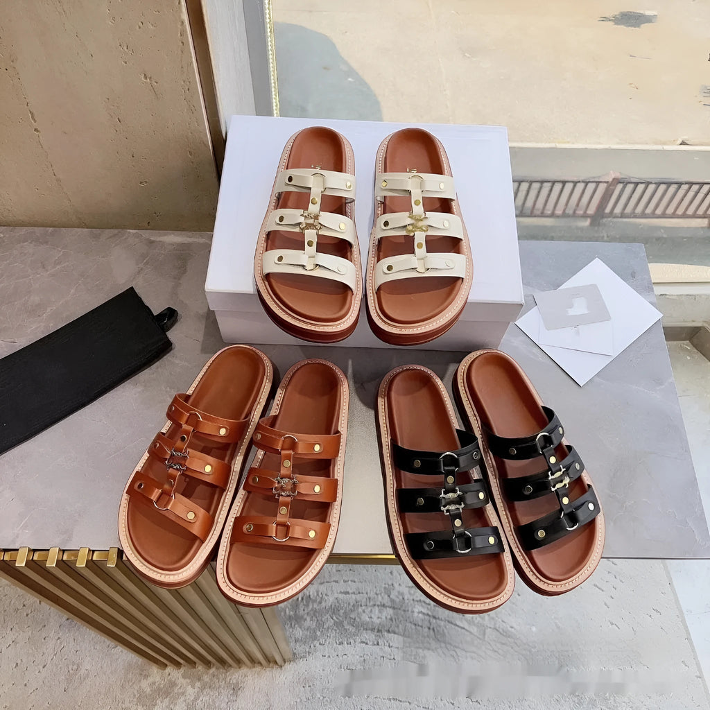 Women's retro Roman style sandal slippers in black with sheepskin upper and patent leather finish