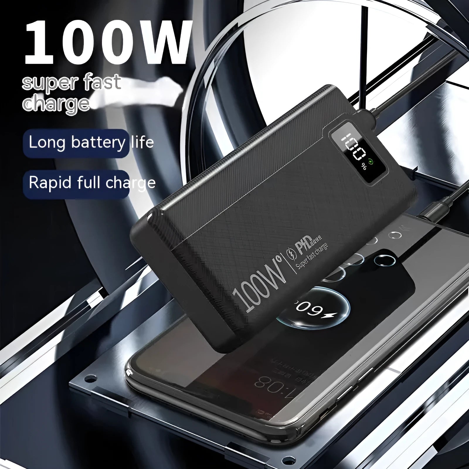 Large capacity power bank in black or white plastic case with dimensions 150×76mm