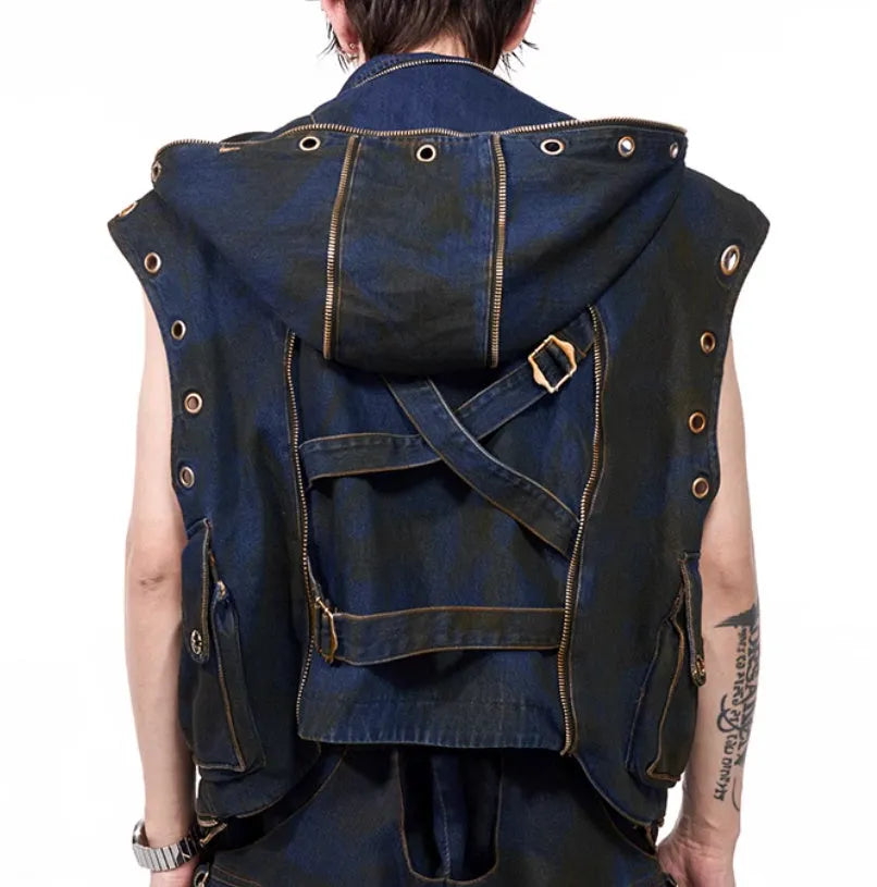 Blue Korean-style hooded denim vest coat with matching trousers, zippered front closure