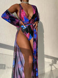 Women's polyester three-piece swimsuit set in one of four patterns, showing the one-piece bikini and cover-up coat.