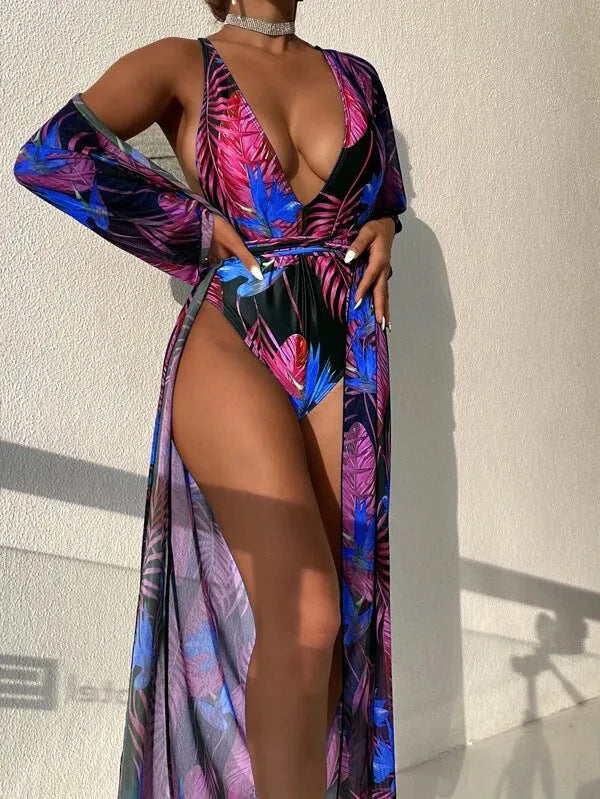 Women's polyester three-piece swimsuit set in one of four patterns, showing the one-piece bikini and cover-up coat.