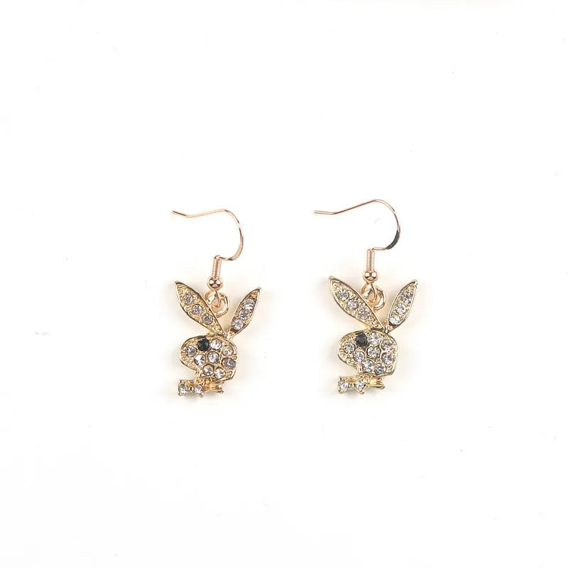 Cute cartoon rabbit stud earrings in gold, pink, and silver colours.