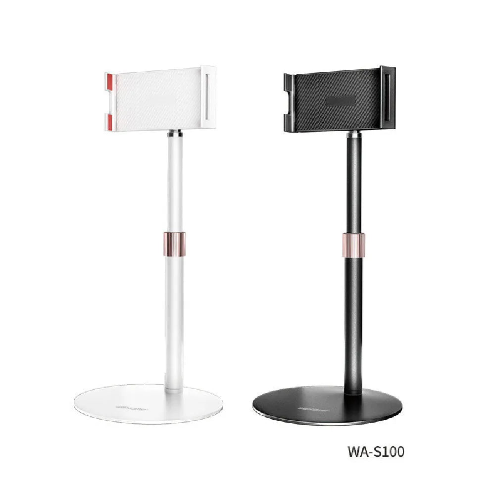 Black adjustable lifting bracket holding a tablet, showing its telescopic arm extended.