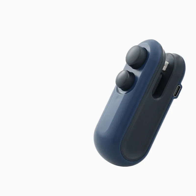 Blue and white handheld USB rechargeable heat sealer for sealing chip bags and food storage packets.