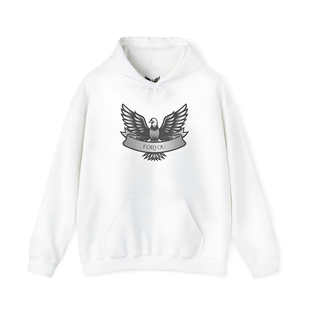 White cotton blend hoodie pullover with long sleeves and hood shown on hanger
