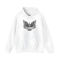 White cotton blend hoodie pullover with long sleeves and hood shown on hanger