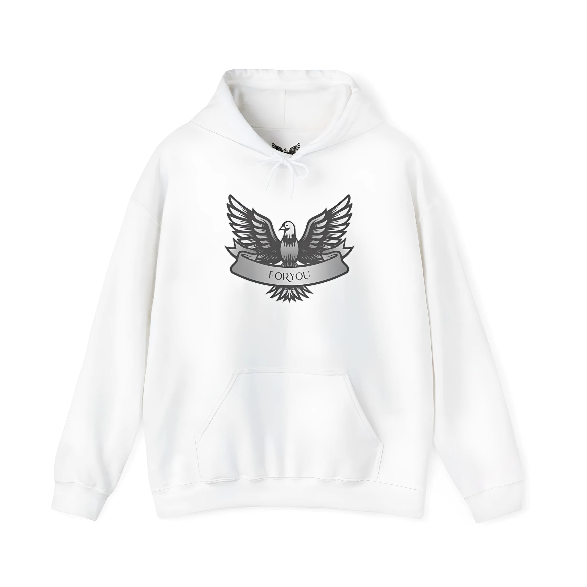 White cotton blend hoodie pullover with long sleeves and hood shown on hanger