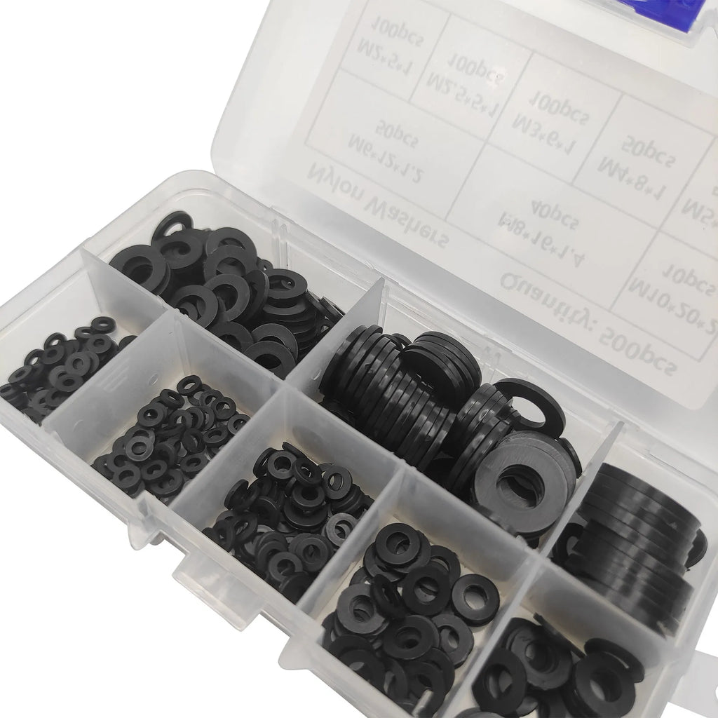 500-piece black nylon flat washer assortment kit in open box showing different sizes