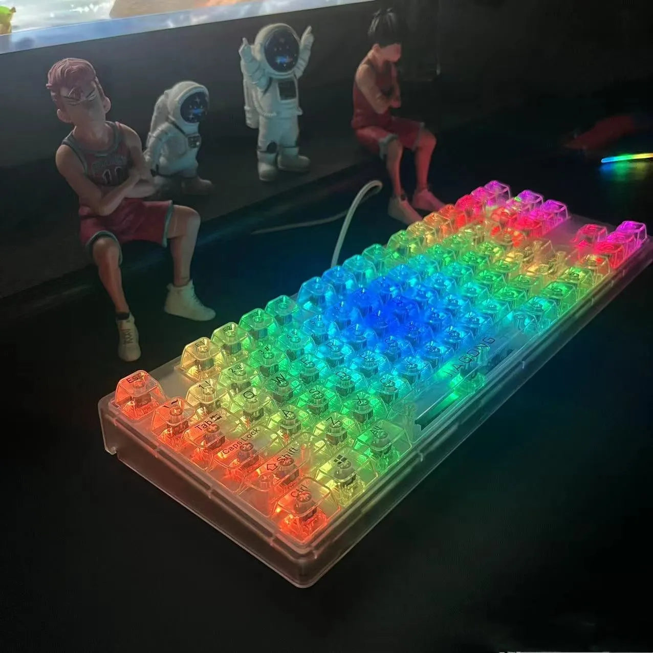 132 transparent plastic keycaps arranged as complete mechanical keyboard replacement set