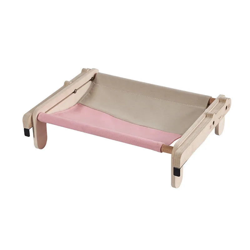 Solid wood pet bed with removable cover in grey plaid pattern for dogs and cats