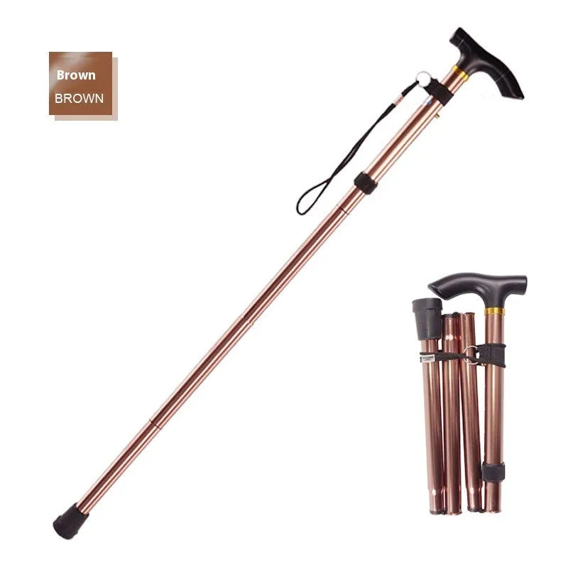 Adjustable aluminium folding cane in multiple colours, shown extended and folded.