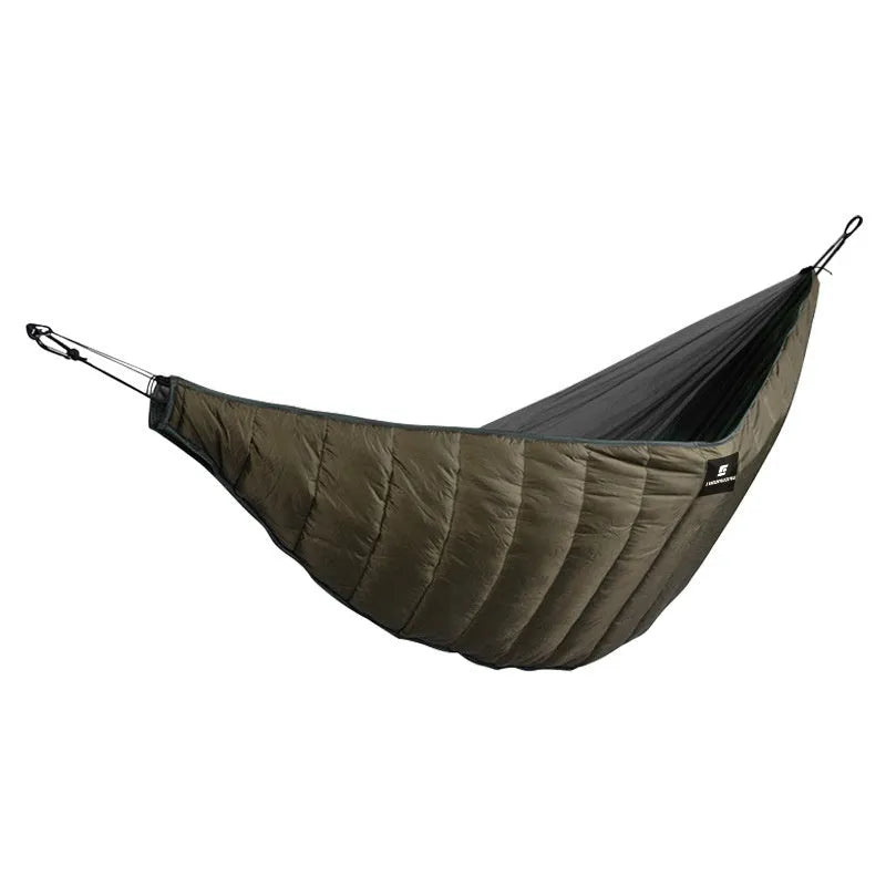 Army green thickened camping hammock sleeping bag with compression bag, shown in an outdoor setting.