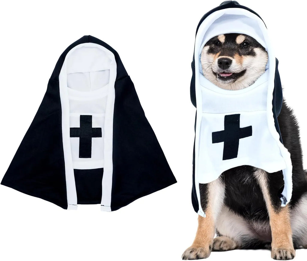 Black and white nun cloak costume on a small dog for Halloween.