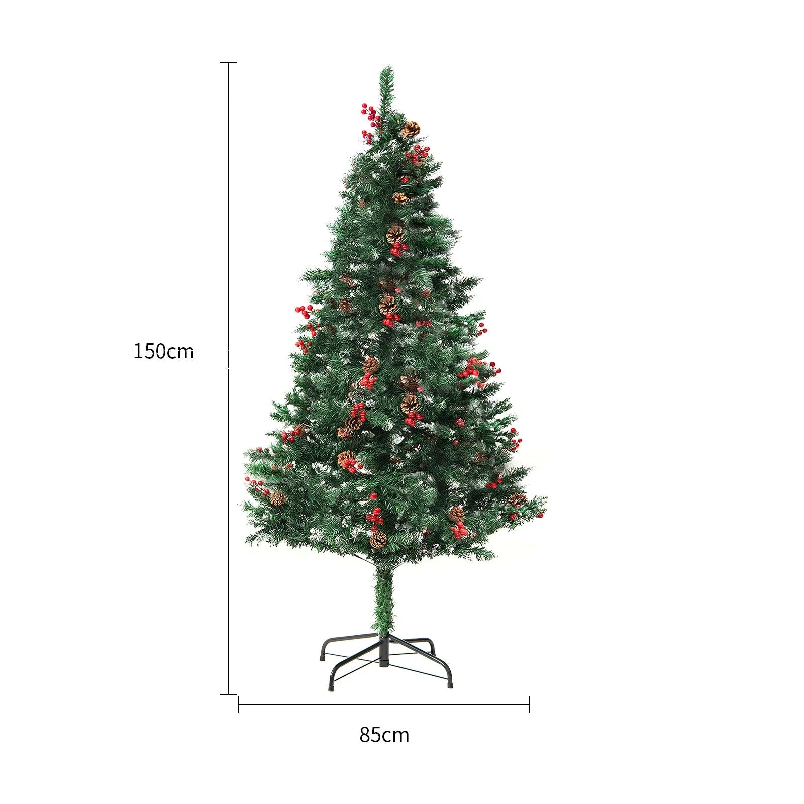 Green and white artificial PVC Christmas tree with snow effect and metal stand.
