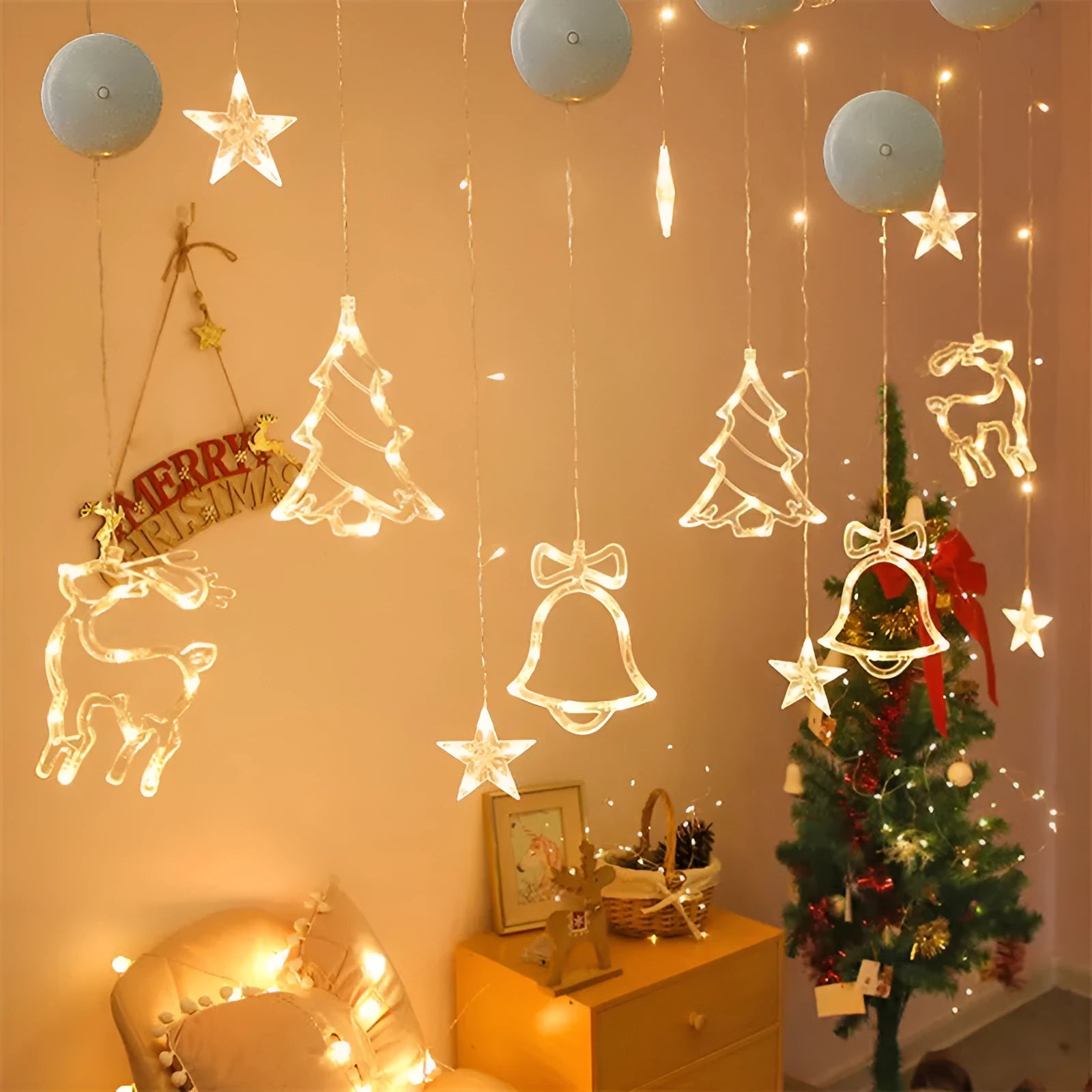 Christmas LED suction cup chandelier lights with Santa Claus, elk and snowman designs for window decoration