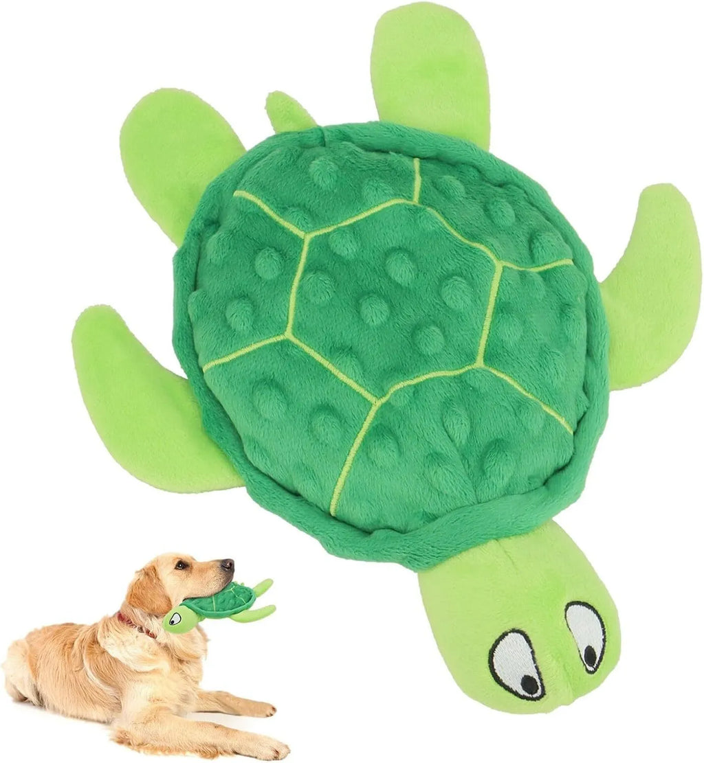 Blue, green, purple, and yellow sea turtle plush dog toy with squeaker for small dogs.
