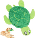 Blue, green, purple, and yellow sea turtle plush dog toy with squeaker for small dogs.