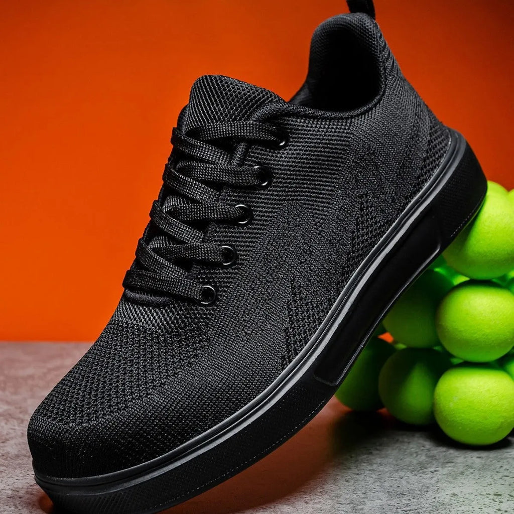 Light white thick sole casual sports shoes with mesh upper and lace-up front.