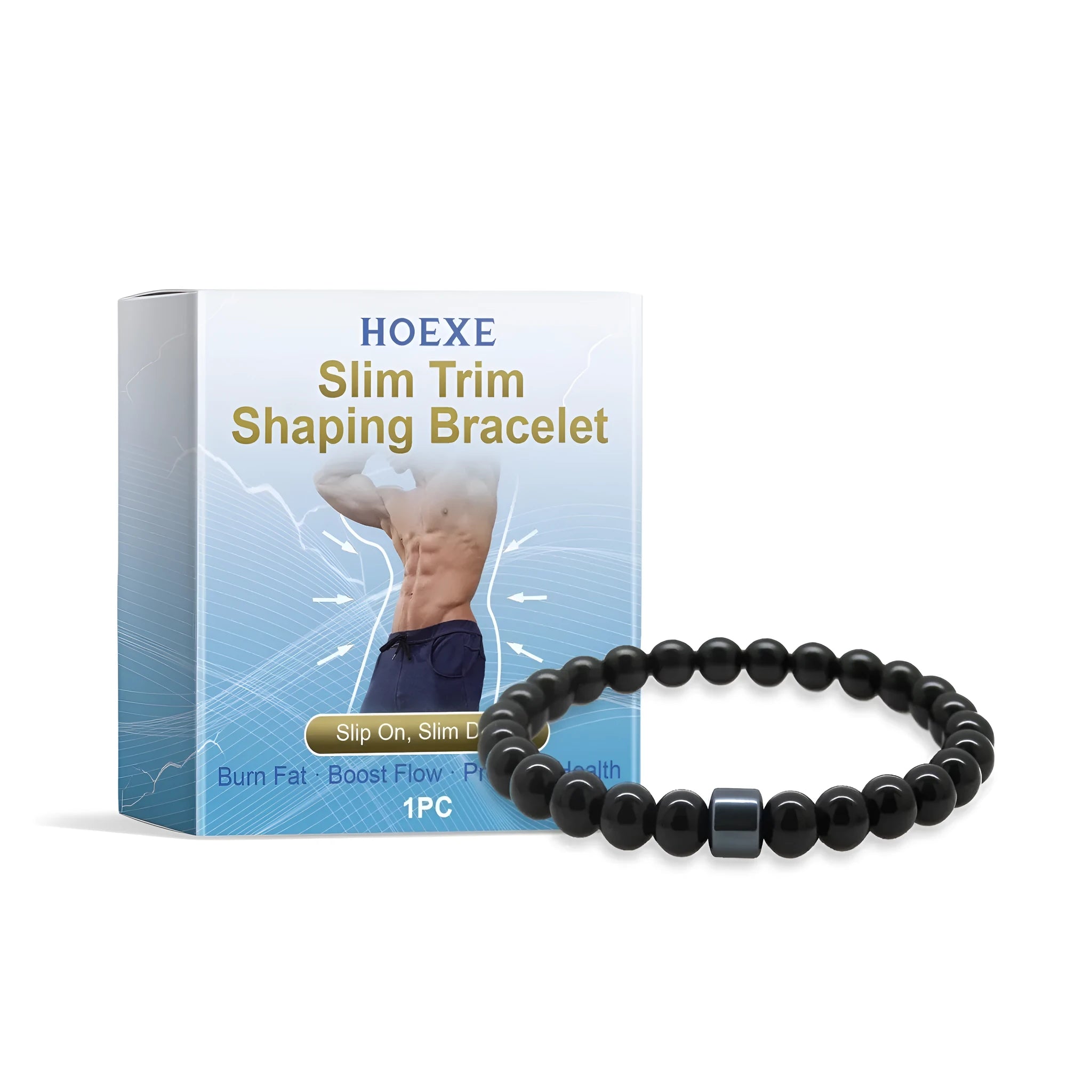 Men's solid link bracelet made of glass and black gallstone on a wrist.
