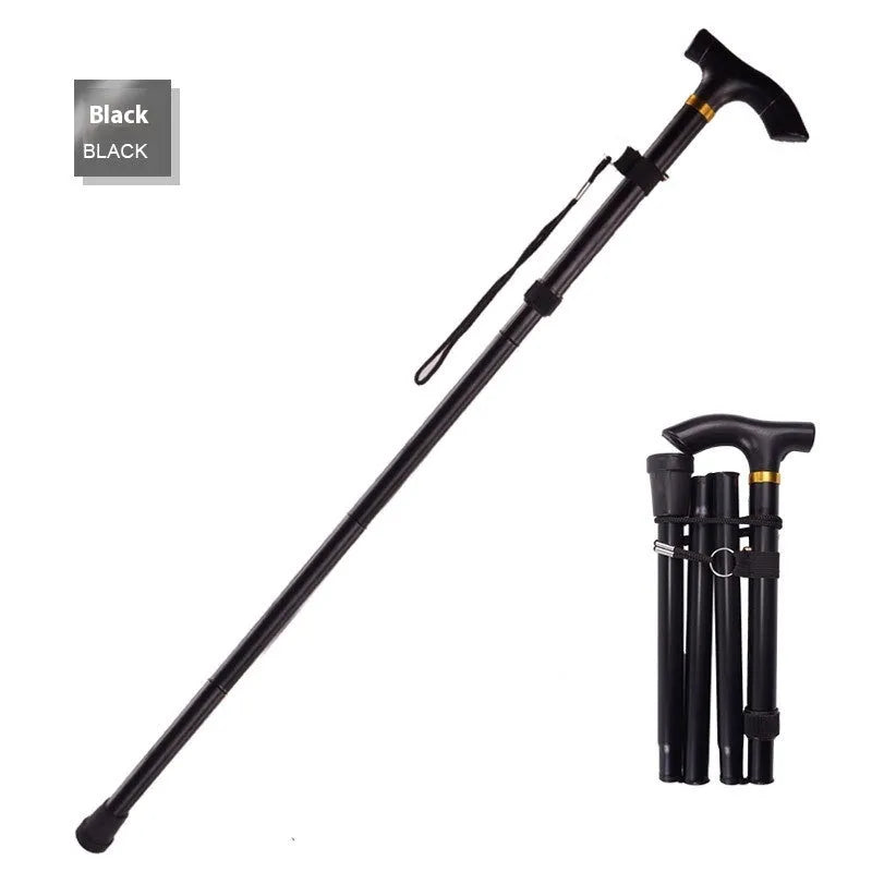 Adjustable aluminium folding cane in multiple colours, shown extended and folded.